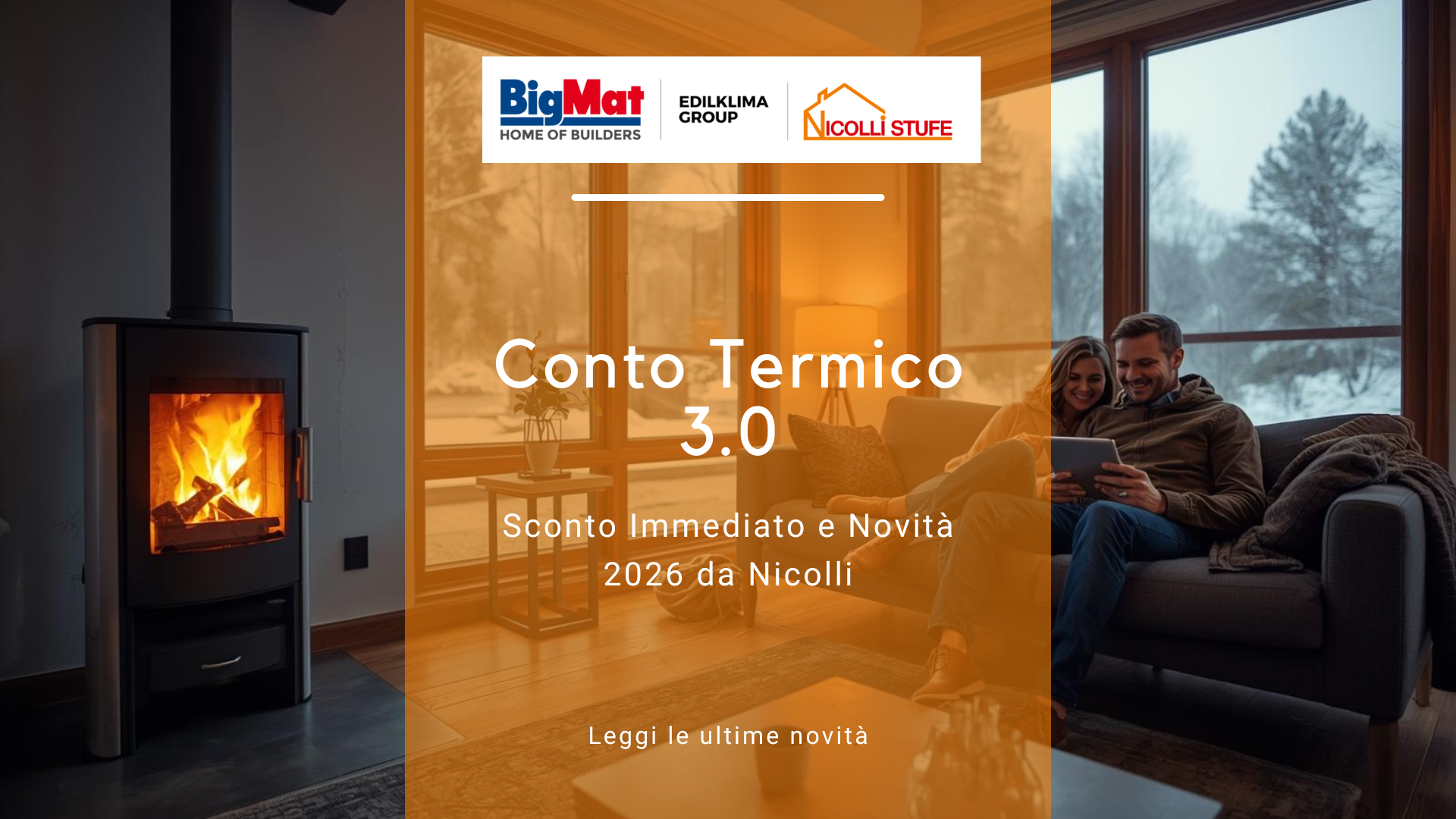 Coppia felice nel divano con stufa nuova grazie al conto termico 3.0