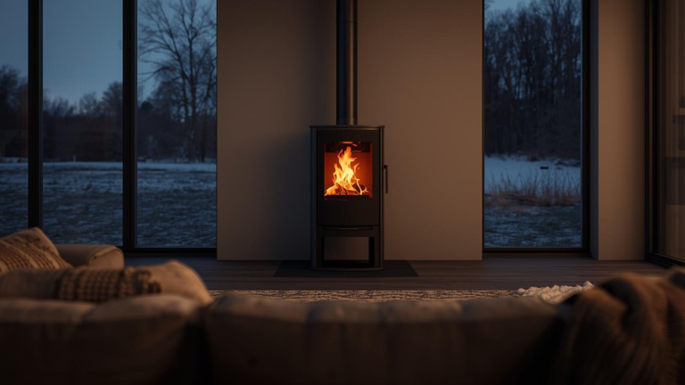 Interno casa confortevole con stufa accesa che dimostra quanto il riscaldamento a pellet conviene per il comfort domestico.