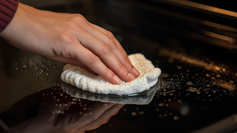 Mano che pulisce vetro stufa nero