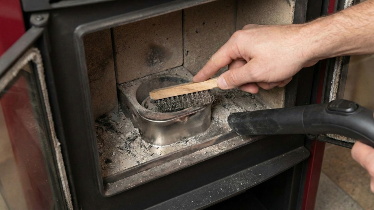 Dettaglio della pulizia interna della camera di combustione di una stufa a pellet, con una persona che usa spazzola metallica e aspiracenere sul braciere per una manutenzione stufe adeguata.