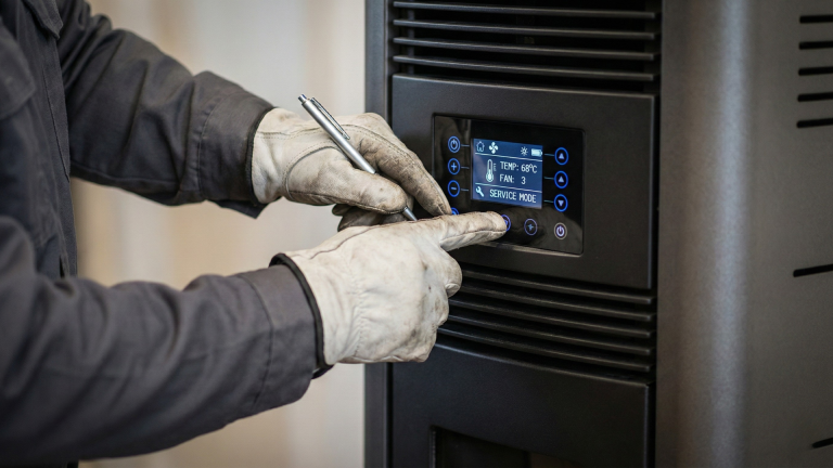 ecnico specializzato intento a regolare la stufa a pellet dal display digitale per ottimizzare la combustione.