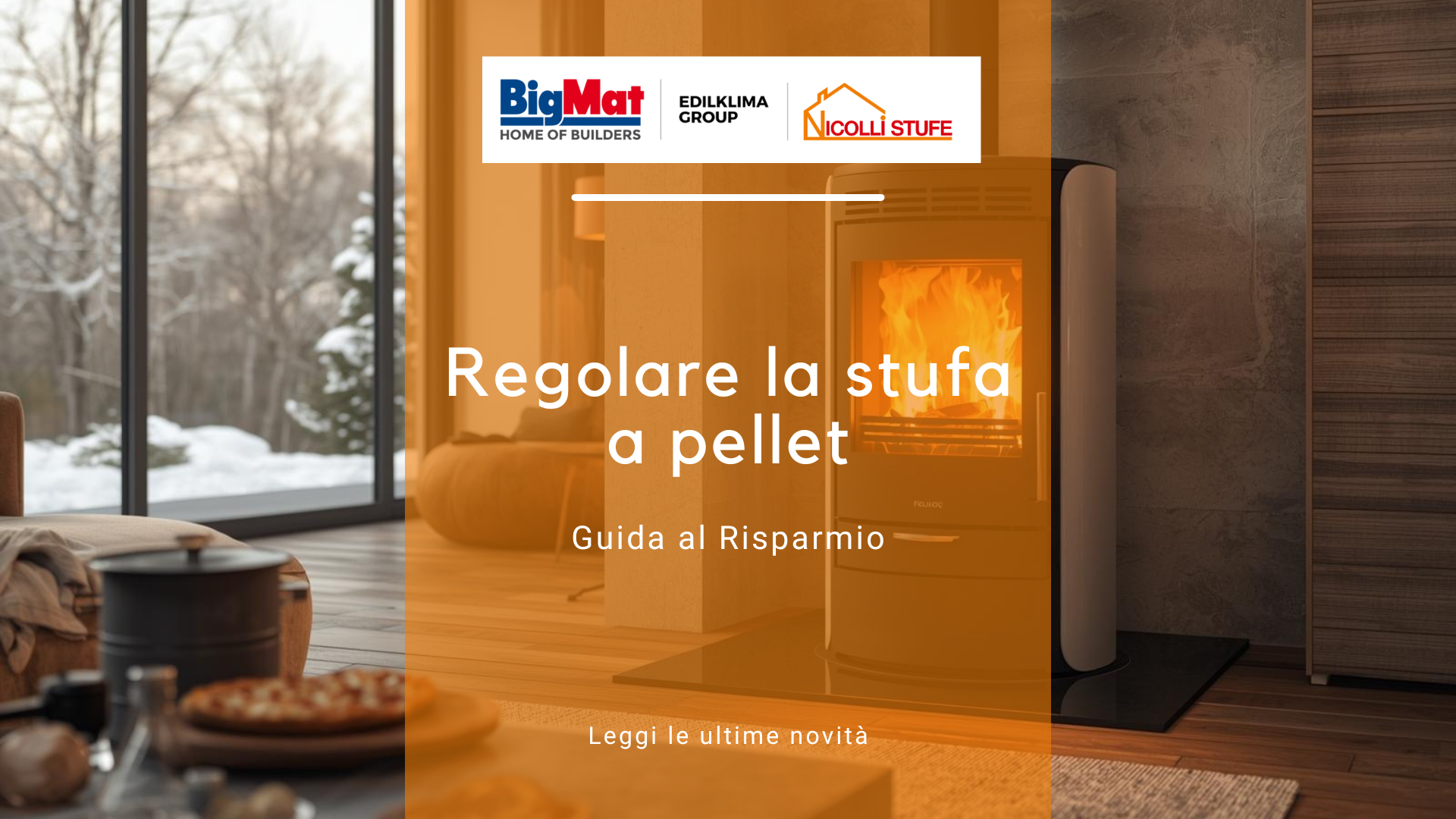 Stufa a pellet moderna accesa in soggiorno con fiamma gialla viva per regolare la stufa a pellet al meglio